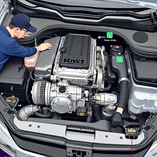 A detailed illustration of a Kia Sorento PHEV 1.6T engine undergoing a major repair. The image should focus on the engine compartment, showing mechanics working on the engine and electric motor. Include visible components like the engine block, electric motor, wiring, and diagnostic tools. The scene should be well-lit and show a professional repair environment.