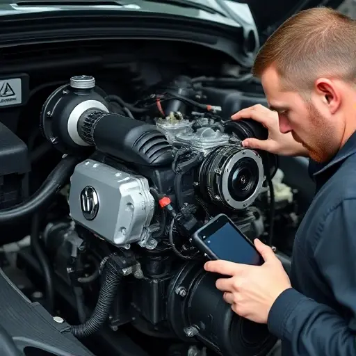 A detailed close-up of a mechanic repairing the hybrid engine of a 2022 Dacia Jogger, showing the engine block, electric motor components, and diagnostic tools, with a clean workshop background, no text or logos