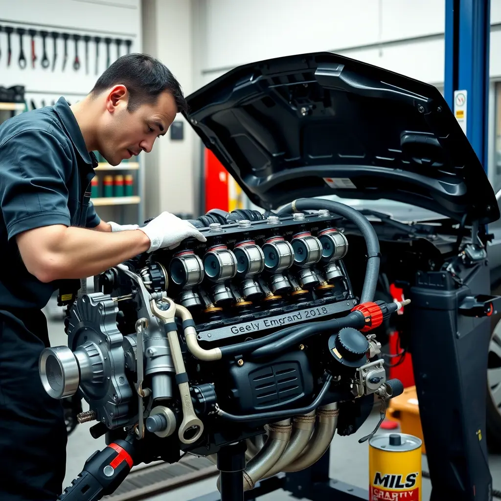 A detailed, realistic scene of a mechanic repairing the 1.5 L engine of a Geely Emgrand (2018 model) in a well‑organized garage. The engine block is open, showing pistons, valves, and spark plugs, with professional tools such as wrenches, diagnostic scanner, and oil can nearby. The mechanic, wearing a clean jumpsuit and gloves, is focused on adjusting a component. The lighting is bright and clear, emphasizing the metallic textures and mechanical details.