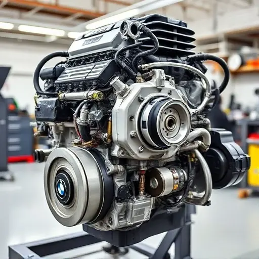 A detailed, high-quality image of a BMW X5M 4.4 V8 engine undergoing repair. The engine should be partially disassembled, showcasing the internal components. Focus on the engine block, cylinder head, and visible mechanical parts. The background should be a clean, well-lit workshop environment.