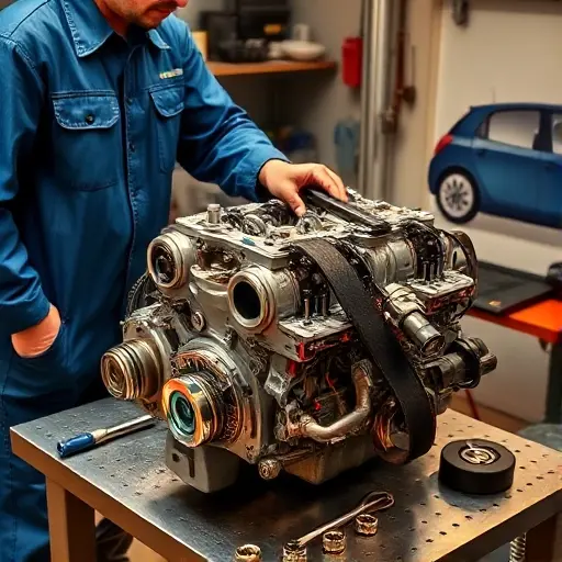 A detailed workshop scene showing a mechanic in a small garage, wearing a blue coverall, working on a Citroën C1 1.0L 72hp engine. The engine is partially disassembled on a metal workbench, with visible pistons, crankshaft, and timing belt. Tools such as a torque wrench, socket set, and a small flashlight are arranged neatly around the engine. The background includes a workbench with a light source, a small storage shelf with labeled parts, and a subtle hint of a Citroën C1 car silhouette in the corner. The lighting is warm and focused on the engine, highlighting the metallic surfaces and the mechanic’s hands in motion, creating a realistic and technical atmosphere.
