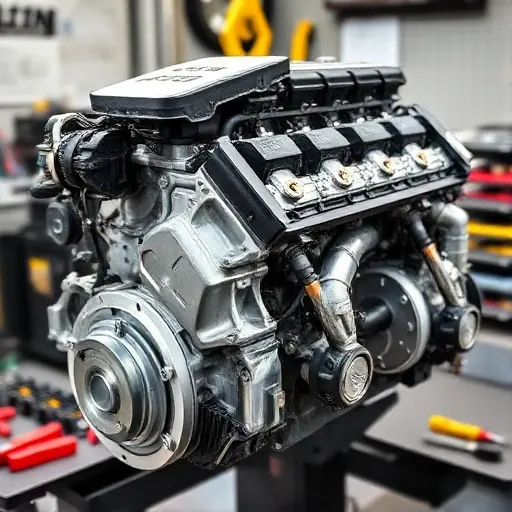A detailed, high-quality image of a Cadillac CTS 3.6 V6 engine undergoing a major repair. The engine should be partially disassembled, revealing the internal components. Focus on the engine block, cylinder head, and visible parts of the V6 configuration. Tools and repair equipment should be present in the background, suggesting the ongoing work. The lighting should be bright and focused on the engine.
