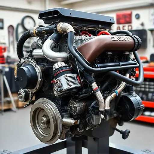 A detailed, high-quality image of a Dodge Charger Redeye 6.2 V8 Supercharged engine undergoing a major overhaul. The engine should be prominently displayed, showcasing its complex components and intricate details. Focus on the engine block, supercharger, intake manifold, and exhaust system. The background should be a clean, well-lit workshop environment with tools and equipment subtly visible.