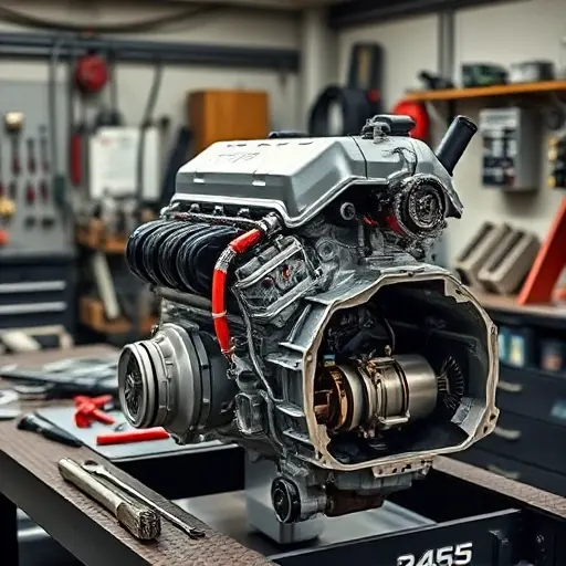 A detailed workshop scene showing a mechanic repairing the 1.4 TSI internal combustion engine of a Cupra Formentor PHEV, with the electric motor 245 visible, tools scattered, engine components on a workbench, and a cross‑section view of the engine block and electric motor, all in a realistic style