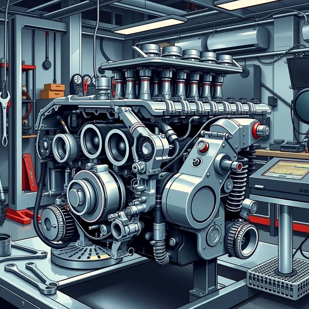 A detailed, high-resolution illustration of a mechanic performing a major engine overhaul on a LADA Vesta 1.6L (98 hp, 2015 model) in a well-equipped garage. Show the engine block opened, with visible pistons, crankshaft, and other components, alongside professional tools such as wrenches, torque wrench, and diagnostic equipment. Emphasize realistic lighting, metal textures, and a clean, organized workspace.