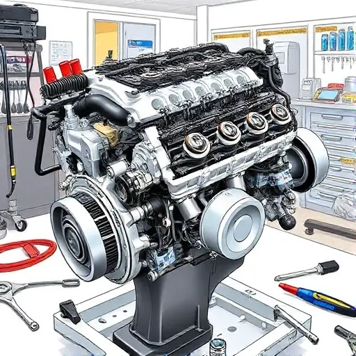 A detailed illustration of a BMW 2er G42 2.0L 184 hp engine undergoing repair. The engine should be partially disassembled, showing various components like the engine block, pistons, and connecting rods. Tools such as wrenches, screwdrivers, and diagnostic equipment should be visible around the engine. The background should be a clean, well-lit workshop environment.