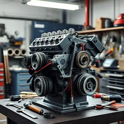 A detailed workshop scene showing a mechanic repairing a Derways 3130 2.7L gasoline engine, with the engine block partially disassembled, tools such as wrenches, screwdrivers, and a torque wrench scattered around, visible engine components like pistons, crankshaft, and timing belt, all set on a workbench under a bright overhead light, rendered in a realistic style