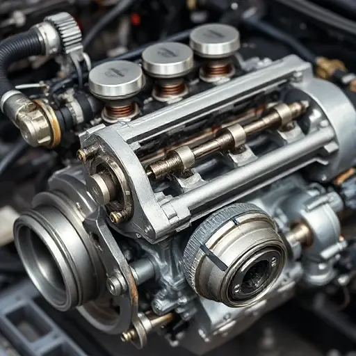 A detailed, high-quality image of a Forthing T5 1.6 Turbo 204 hp engine undergoing a major overhaul. The engine should be partially disassembled, revealing intricate components like pistons, connecting rods, and the turbocharger. Focus on the mechanical details and the process of repair.