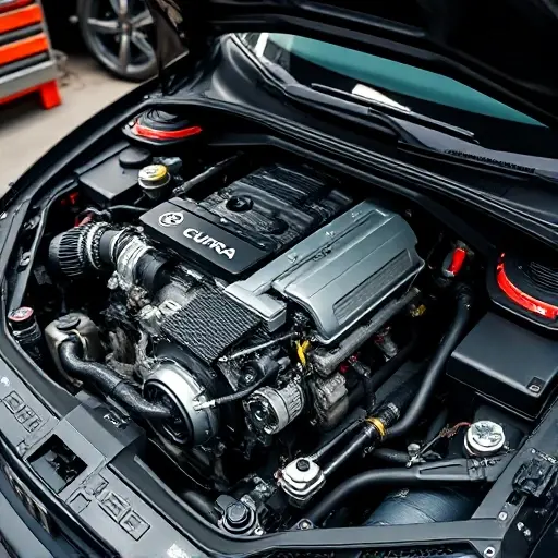 A detailed, high-quality image of a Cupra Formentor PHEV 1.4 TSI with an electric powertrain undergoing engine repair. The car is in a workshop setting, with visible engine components and tools around. Focus on the engine bay and the repair process.