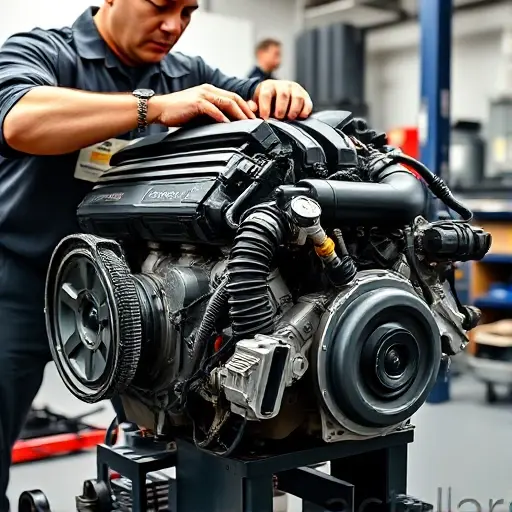 A detailed, realistic depiction of a mechanic working on the engine of an Audi A1 2.0 TFSI. The engine should be partially disassembled, showcasing the internal components. The mechanic is wearing a uniform and using specialized tools. The background should be a clean and organized automotive repair shop. Focus on the engine and the mechanic's hands working on it.