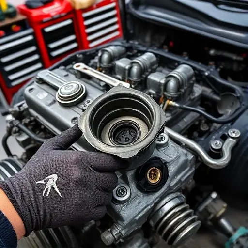 A close-up of a mechanic's hands working on a Citroën Jumpy 2.0 BlueHDi engine, showing the engine block, cylinder head, oil filter, and a set of tools such as a wrench and screwdriver. The background features a garage workbench, a toolbox, and a car chassis. The focus is on the engine repair process with a partially disassembled cylinder head and the mechanic's gloves visible, all in a realistic, detailed style.