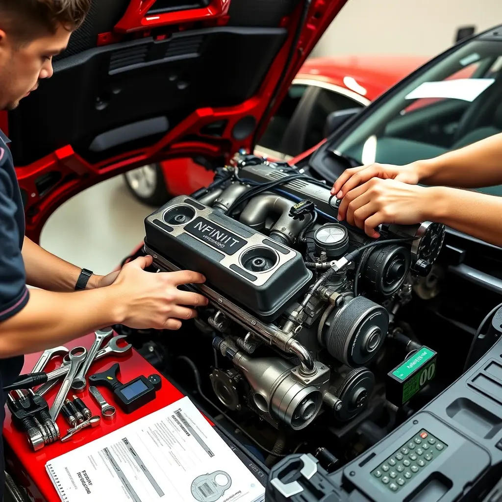 A detailed, realistic scene of a professional mechanic in a clean garage, focused on repairing the engine of an Infiniti Q50 Red Sport 400 3.0 V6 Twin Turbo. The engine block is open, showing turbochargers, pistons, and wiring, with high-quality tools like wrenches, diagnostic equipment, and a service manual spread on a workbench. The car's sleek red exterior is visible in the background, but the focus remains on the engine components and the hands of the mechanic performing precise adjustments. The lighting is bright and natural, highlighting metal textures and the intricate details of the engine parts.