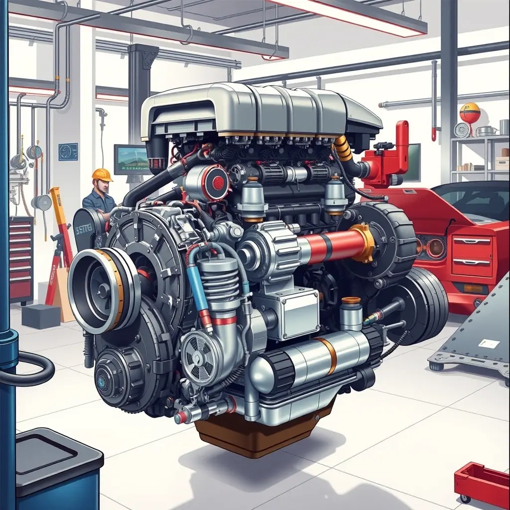 A detailed, high-resolution illustration of a Li Auto L9 EREV engine being disassembled for a major overhaul, showing the engine block, turbocharger, battery pack, and surrounding mechanical components in a clean, well-lit garage workshop with professional tools and a mechanic's hands working on the parts, emphasizing the complexity and precision of the repair process