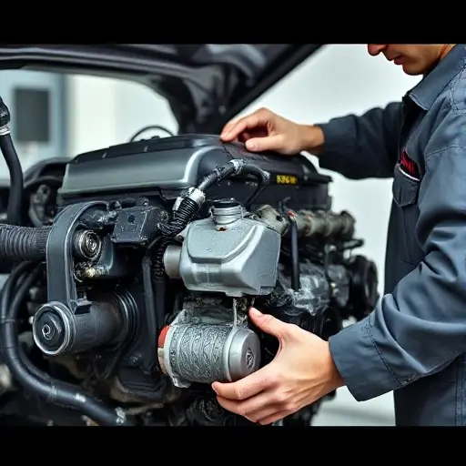 A detailed, realistic image of a mechanic working on the engine of an Audi A4 2.0 TDI. The engine should be partially disassembled, showcasing the internal components. The mechanic is wearing a uniform and using specialized tools. The background should be a clean, well-lit garage environment. Focus on the engine and the mechanic's hands working on it.