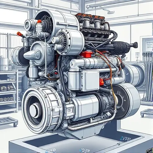 A detailed illustration of a M Hero 917 EREV engine undergoing a major overhaul. The engine should be prominently displayed, showcasing its complex components and modern design. Focus on the engine block, turbocharger, and electrical systems. The background should be a clean, industrial workshop setting with tools and equipment subtly visible.