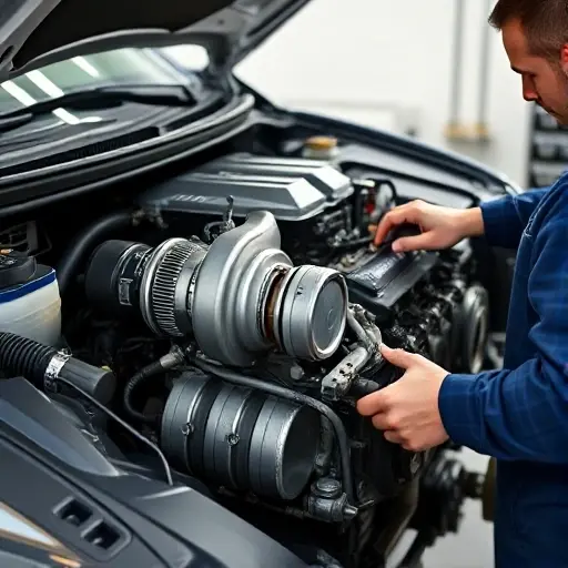 A detailed, realistic image of a mechanic working on the engine of a 2022-present Acura MDX. The engine should be partially disassembled, showcasing the turbocharger and V6 configuration. Focus on the engine bay and the mechanic's hands working with tools. The background should be a clean, well-lit garage setting.
