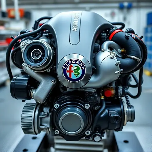 A high‑resolution close‑up of a modern Alfa Romeo Giulia 2.9 L V6 Biturbo engine, showing the turbochargers, intercooler, and engine block with visible branding and technical details, set against a clean workshop background, rendered in the smallHQ style