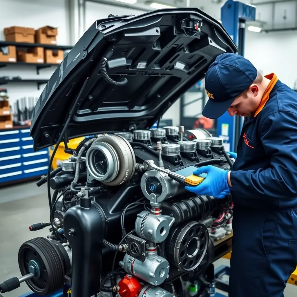 A detailed, high-resolution scene of a professional mechanic repairing the 2.0 Turbo engine of a GAC Trumpchi GS8 in a clean garage. The engine block is open, with visible turbocharger, pistons, and wiring. The mechanic, wearing a blue jumpsuit and gloves, is using a wrench and diagnostic tablet, focusing on the engine components. The background shows organized tool racks, a service lift, and subtle lighting that highlights the metallic parts, emphasizing the technical precision of the repair work.