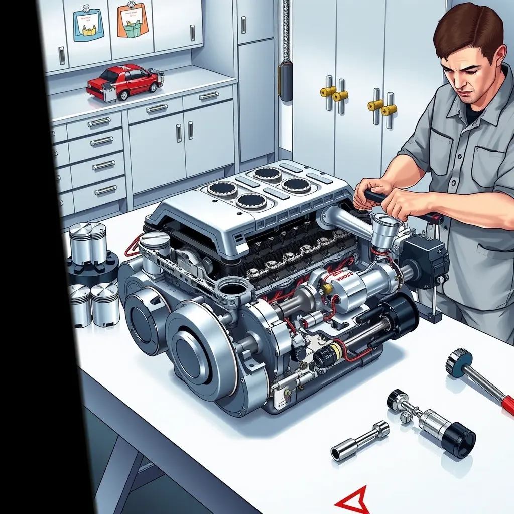 A detailed, high‑resolution illustration of a Mazda 3 2.0 Skyactiv G engine undergoing a complete overhaul. The scene shows the engine block opened, with pistons, crankshaft, camshaft, and valve train components neatly arranged on a clean workbench. A mechanic in a neutral uniform is using professional tools, such as a torque wrench and socket set, to inspect and reassemble parts. The background features a well‑organized garage environment with tool cabinets and soft lighting that highlights the metallic surfaces and oil‑slicked parts, emphasizing precision and craftsmanship.