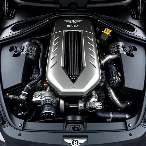 A detailed, high-quality image of the engine bay of a Bentley Continental GT 6.0L W12 63. Focus on the engine components, showcasing the intricate details of the W12 engine, exhaust system, and other mechanical parts. The lighting should be realistic, highlighting the metallic surfaces and engine components.