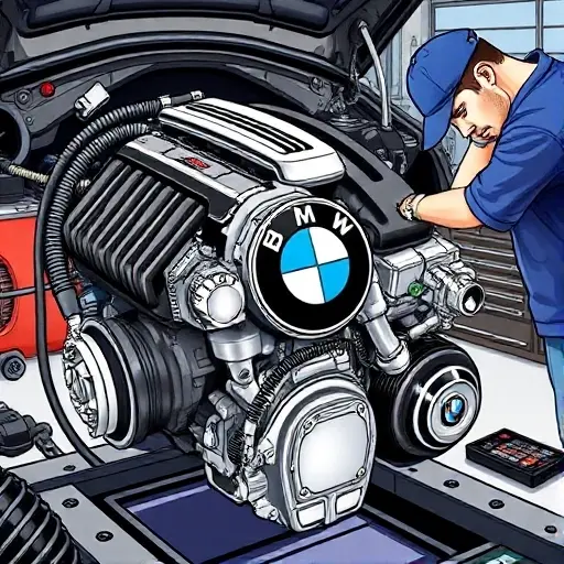 A detailed illustration of a BMW M2 G42 3.0L 460 hp engine undergoing repair. Focus on the engine components, tools, and a mechanic working on it. The scene should be in a professional workshop setting.