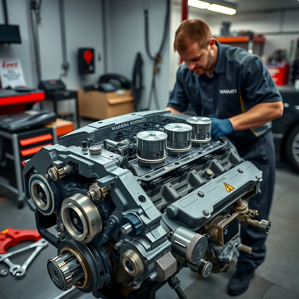 A high-detail scene of a professional mechanic in a clean garage, focused on repairing a Maserati Ghibli 3.0 V6 twin‑turbo engine. The engine block is open, showing pistons, turbochargers, and intricate components, with tools like wrenches and diagnostic equipment laid out. The lighting highlights the metallic surfaces and the precision of the work, capturing the atmosphere of expert automotive restoration.