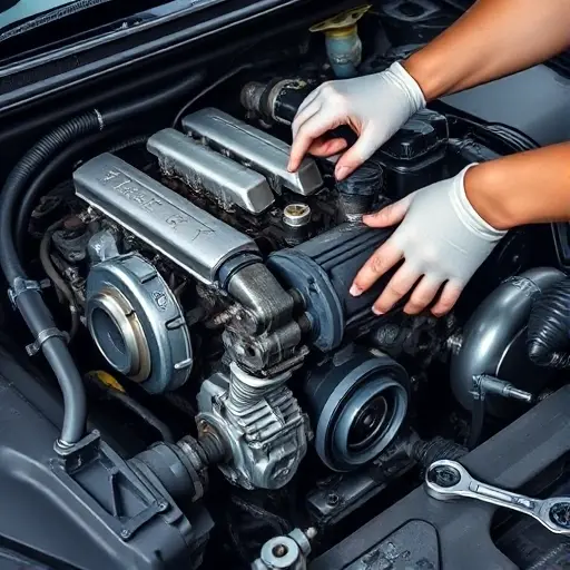 A realistic close-up of a mechanic repairing the 1.5 Turbo engine of a Chery Arrizo 5, showing the engine bay with exposed cylinder head, turbocharger, and surrounding components, tools such as a wrench and torque wrench scattered on a workbench, with a focus on the intricate details of the engine internals and the mechanic’s hands in action