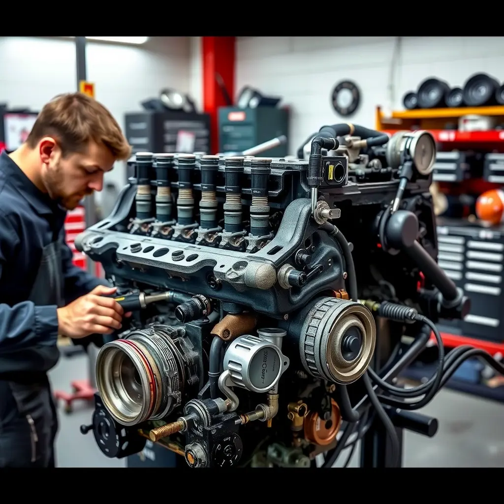 A detailed, realistic scene of a mechanic in a workshop repairing the diesel engine of a GAZelle NEXT 2.7 L vehicle. The engine block is open, with visible pistons, fuel injectors, and turbocharger. The mechanic is using tools such as wrenches and diagnostic equipment, focusing on the engine components. The background shows a clean, well-lit garage with tool cabinets and spare parts, emphasizing the technical nature of the repair.