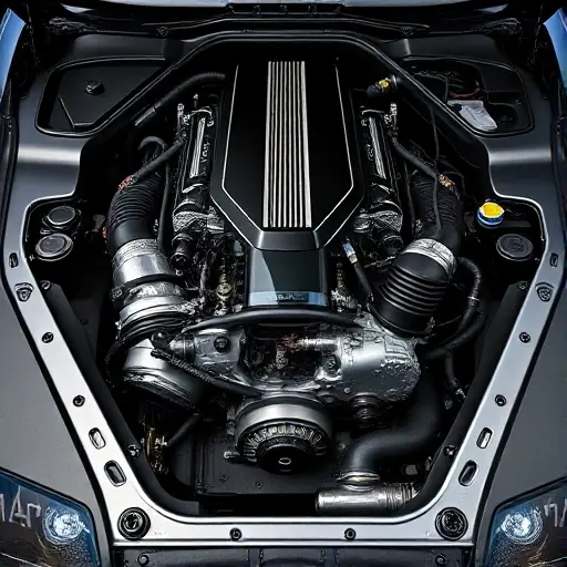 A high-performance engine of an Alpina Roadster V8 4.8 V8 375 hp from 2002-2003, detailed mechanical components, realistic lighting, automotive engineering aesthetic, smallHQ style