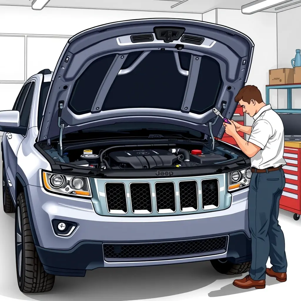 A detailed, realistic illustration of a mechanic in a clean garage working on the open hood of a Jeep Grand Cherokee (model years 2011-2021) with its 3.6L V6 engine exposed. The engine bay shows visible components such as the intake manifold, spark plugs, timing chain, and oil filter. The mechanic is using professional tools like a torque wrench and socket set, focusing on the engine repair. The scene is well-lit, with a tidy workbench in the background, emphasizing the technical nature of the repair without any text, logos, or branding.