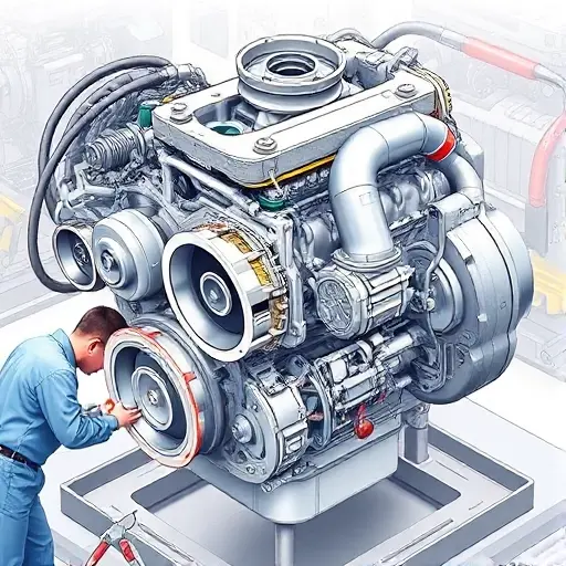 A detailed illustration of a Changan Eado Plus 1.4 Turbo engine undergoing a major repair. Focus on the engine block, turbocharger, and surrounding components. Show tools and technicians working on the engine.