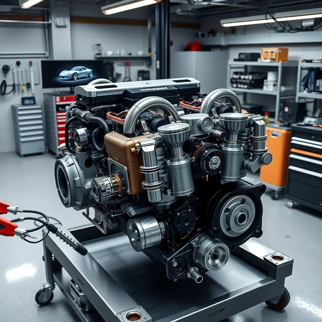 A high-detail, photorealistic scene of a Koenigsegg Agera RS 5.0 V8 twin‑turbo engine on a workbench in a pristine, high‑tech garage. The engine is partially disassembled, with pistons, turbochargers, and valve train components laid out neatly. Professional tools, diagnostic equipment, and clean metal surfaces surround the engine, emphasizing a meticulous, capital‑repair process. Soft, focused lighting highlights the intricate engineering details, with a subtle background of organized tool racks and a spotless floor.