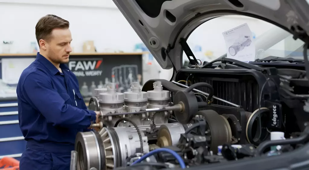A high-resolution horizontal photo of a professional automotive repair workshop. In the foreground, a mechanic in a blue coverall is working on a large, open engine bay of a FAW vehicle. The engine is partially disassembled, with visible pistons, crankshaft, and timing belt. The background shows a clean, organized workshop with tools, a workbench, and a wall-mounted schematic of an engine. The lighting is bright and evenly distributed, highlighting the metallic surfaces and the mechanic's focused expression. The image conveys precision, expertise, and a sense of high-quality engine overhaul.