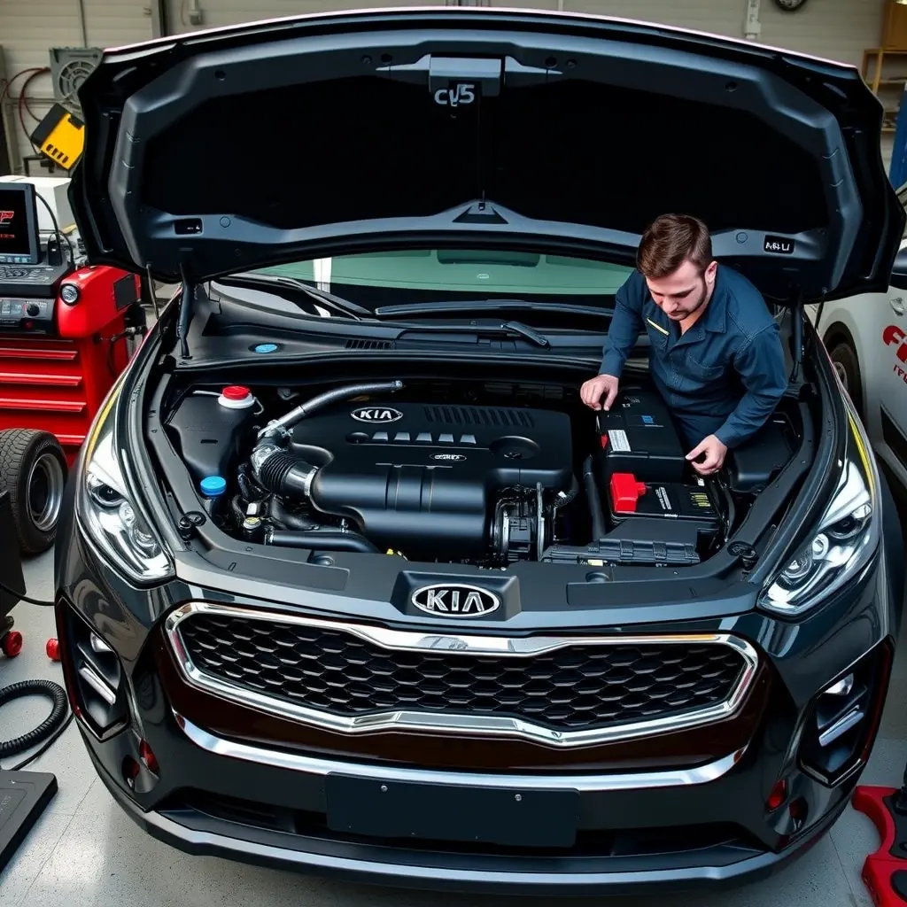 A detailed high-resolution view of a Kia Sportage 2021 hybrid model with its hood open, showing a mechanic in coveralls inspecting the 1.6 L hybrid engine, surrounded by tools and diagnostic equipment, realistic lighting, focusing on engine components and the hybrid battery module