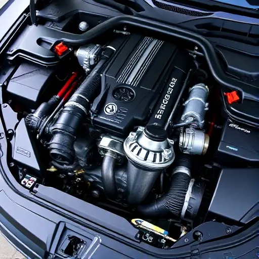 A detailed, high-quality image of the engine bay of an Alpina D5 S 3.0 R6 Diesel Tri Turbo. Focus on the engine components, showcasing the intricate details of the diesel engine, turbochargers, and exhaust system. The engine should be well-lit, highlighting its mechanical complexity.