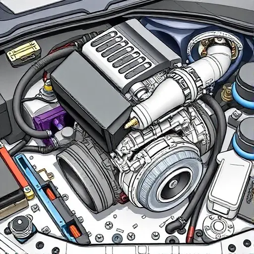 A detailed illustration of a Ford Bronco 2.3 EcoBoost engine undergoing a major repair. Focus on the engine block, turbocharger, and associated components. Show tools and parts scattered around the engine bay, indicating the repair process. The image should be well-lit and show close-up details of the engine components.