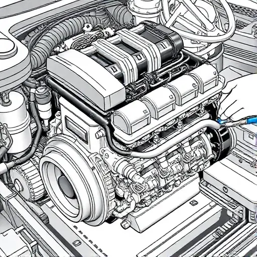 A detailed illustration of a DS 3 1.2 PureTech engine undergoing a major repair. Focus on the engine block, components, and tools being used. The scene should depict mechanics working on the engine.