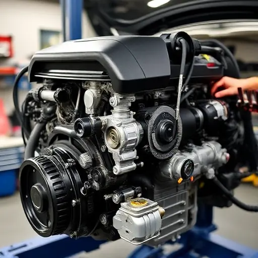 A detailed, high-quality image of a Citroën C5 Aircross PHEV 225 hp engine undergoing a major repair. Focus on the engine block, visible components, and tools being used. The scene should be in a well-lit workshop environment.