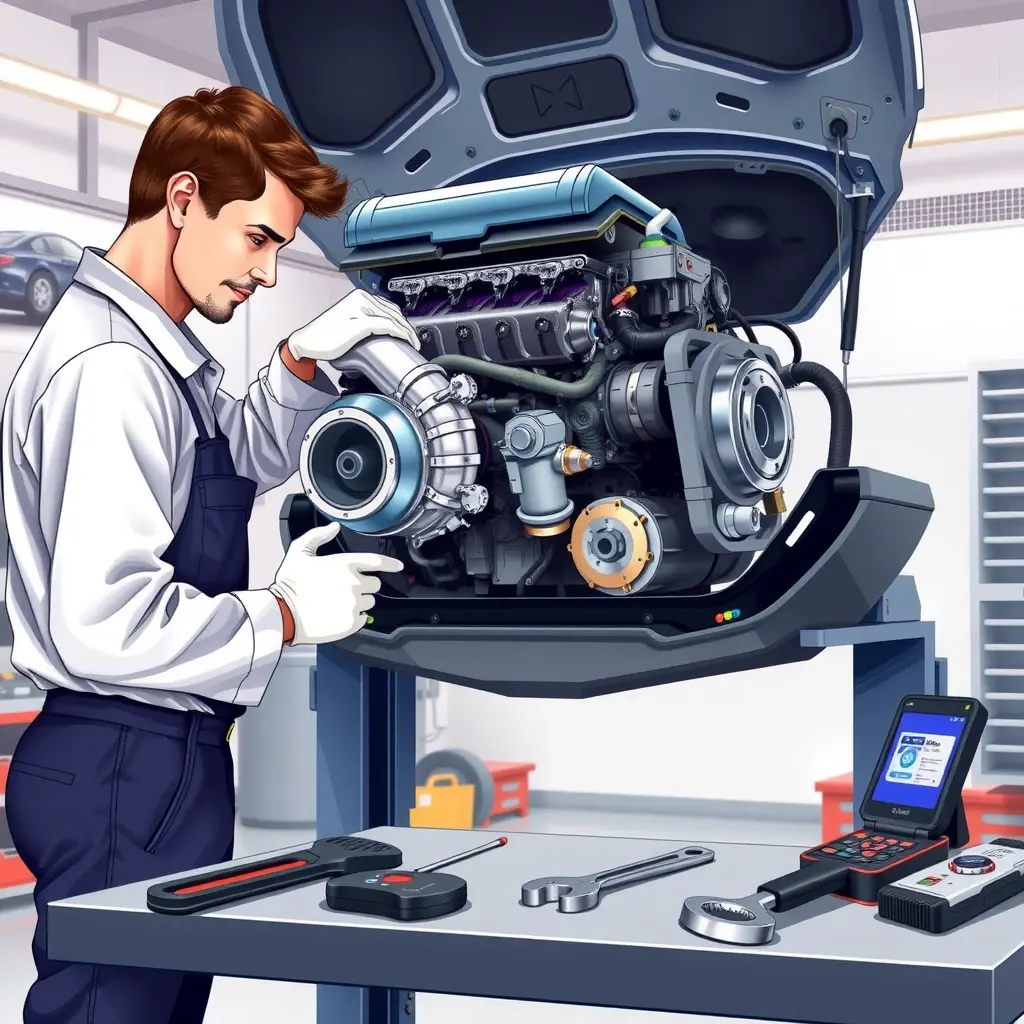A detailed, realistic illustration of a mechanic repairing the 1.5 Turbo engine of a Jetour X70 (2018 model). The scene shows the engine block on a lift, with tools such as wrenches, diagnostic scanner, and a torque wrench nearby. The mechanic, wearing a clean work uniform and gloves, is focused on the turbocharger and fuel injection system. The background is a well-lit, organized garage with clean walls and a subtle hint of automotive equipment, emphasizing the technical nature of the repair.