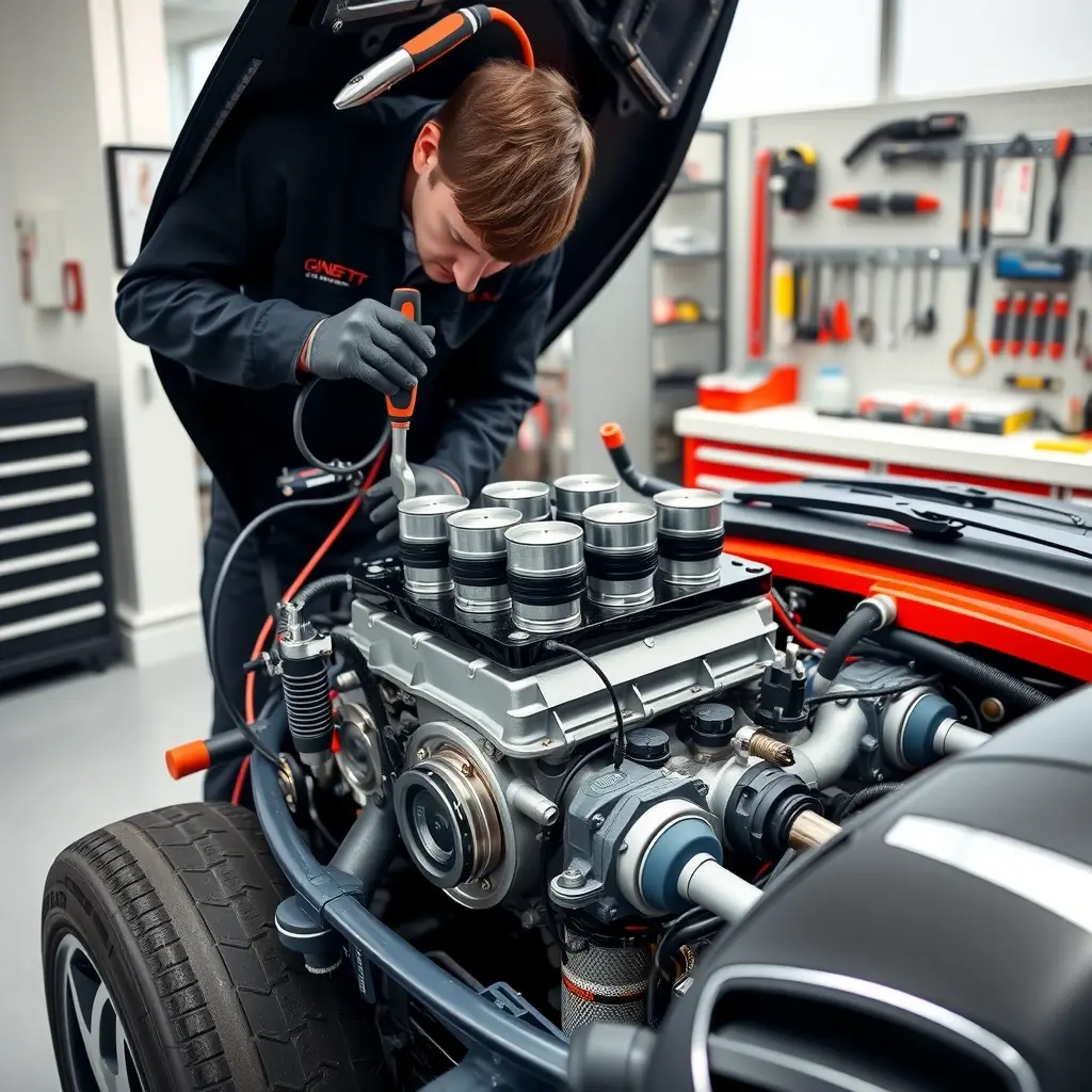 A detailed, high‑resolution scene of a mechanic in a clean workshop carefully repairing the 2.0 L Ford engine of a Ginetta G40 sports car. The car is positioned with its hood open, exposing the engine block, pistons, and intake system. The mechanic, wearing a dark jumpsuit and gloves, uses a wrench and diagnostic tools, focusing on the engine components. The background shows organized tool racks and a well‑lit workbench, emphasizing precision and technical detail.
