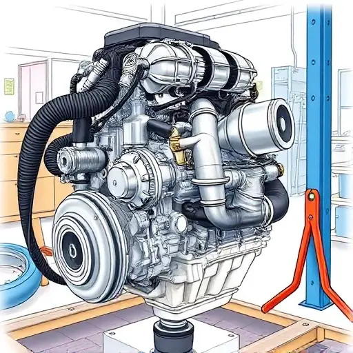 A detailed illustration of a Dacia Duster 1.3 TCe 150 engine undergoing a major repair. Focus on the engine block, turbocharger, and associated components. Show tools and parts being used during the repair process. The background should be a clean, well-lit workshop environment.