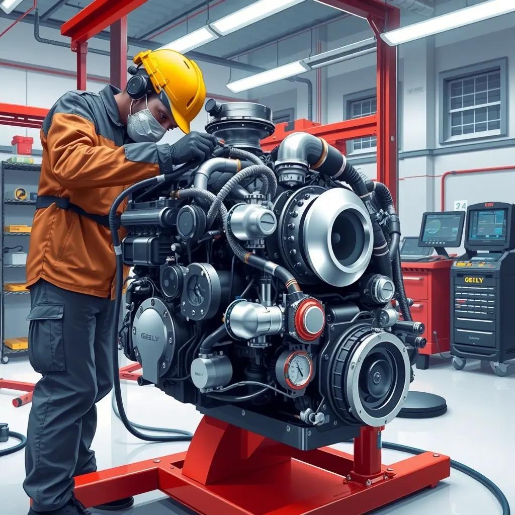 A detailed high-resolution illustration of a Geely Atlas Pro 1.5 Turbo engine being repaired in a modern automotive workshop. The scene shows a mechanic in protective gear using tools on the engine block, with the turbocharger and 48 V hybrid components visible, surrounded by diagnostic equipment and a clean workshop environment.