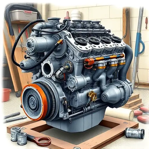 A detailed illustration of a BAW Luba 2.8L diesel engine, focusing on the engine block and key components like the cylinder head, fuel injection system, and turbocharger. The engine should be depicted in a workshop setting, with tools and parts scattered around. The image should showcase the engine's robust construction and intricate details.