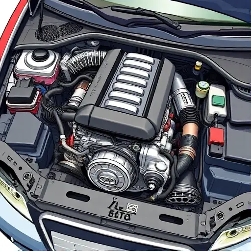 A detailed illustration of a car engine bay, specifically focusing on the engine of an Audi A4 B5 1.9 TDI. The engine should be clearly visible, showcasing the components like the engine block, turbocharger, exhaust manifold, and intake system. The engine should be in a state of repair, with some visible signs of work being done, such as tools and parts scattered around. The lighting should be realistic, highlighting the engine's details.