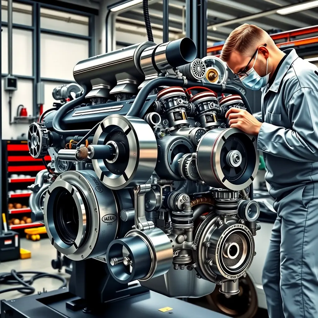 A highly detailed, realistic illustration of a Koenigsegg Agera RS 5.0 V8 twin‑turbo engine being repaired in a professional garage. The engine is prominently displayed with its polished metal surfaces, turbochargers, and intricate valve train visible. A skilled mechanic in clean workwear is using specialized tools to service the engine, with a focus on the engine block, pistons, and turbo units. The scene is lit with bright, natural garage lighting, emphasizing the high‑tech components and the precision of the repair work.