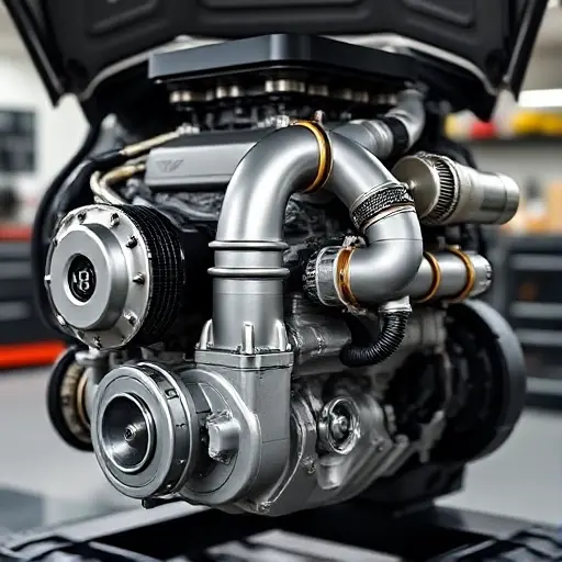 A detailed, realistic image of a Bentley Bentayga 4.0L V8 Diesel engine. The engine should be clean and well-lit, showcasing its intricate components. Focus on the engine block, turbocharger, and exhaust system. The background should be a blurred automotive workshop setting.