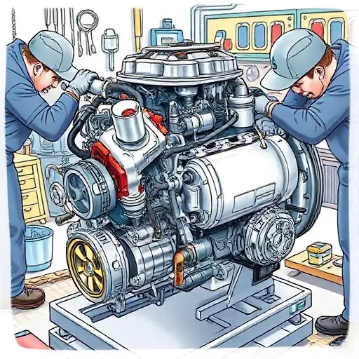 A detailed illustration of a DS Automobiles DS 4 E Tense PHEV engine undergoing a major repair. Focus on the engine components, tools, and mechanics working on it. The scene should be in a workshop setting with visible tools and equipment.