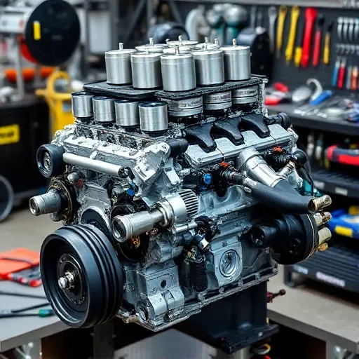 A detailed, high-quality image of a Marlin Roadster 2.0L 100hp engine undergoing a major overhaul. The engine should be partially disassembled, showcasing various components like pistons, connecting rods, crankshaft, and cylinder head. Tools such as wrenches, screwdrivers, and diagnostic equipment should be visible in the background. The scene should be set in a well-lit automotive workshop.