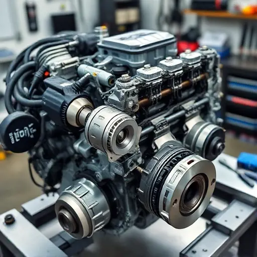 A detailed close-up of a BMW 3er F30 3.0L engine undergoing major repair, showing disassembled components like pistons, crankshaft, and cylinder head on a clean workbench, with tools and diagnostic equipment nearby, soft workshop lighting, high precision and realism
