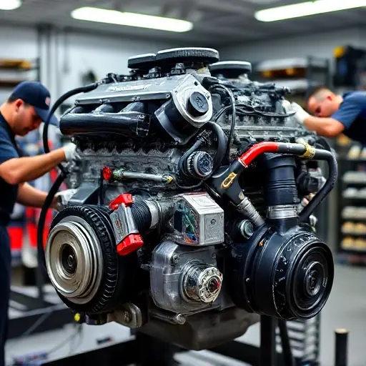 Detailed image of a Maserati Levante Trofeo 3.8 V8 Twin engine undergoing a comprehensive repair. Focus on the engine block, components, and tools being used. Show technicians working on the engine in a well-lit workshop.